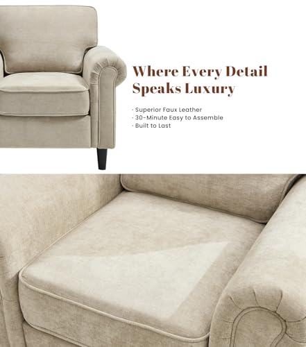 Image of Kingfun Loveseat 2 Seater Couch with Chair, Mid Century Modern Chenille Sofa Set with Rolled Arms and Deep Seats, Fluffy Comfort for Living Room, Apartment, Easy Assembly, Khaki