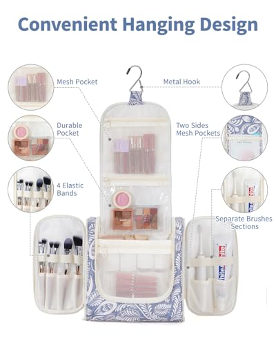 Image of Hanging Travel Toiletry Bag Cosmetic Make up Organizer for Women and Men, Blue Leaf (Large),