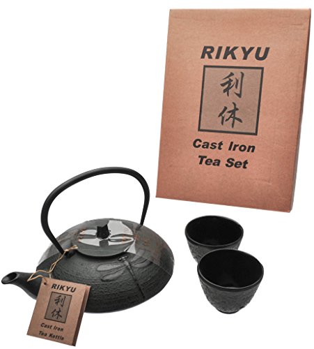 RIKYU RKTS407G Cast Iron Dragonfly Tea Set with Trivet, 18 Ounce, Dark Green