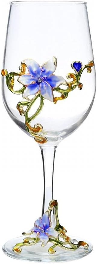 XUDREZ Handmade Painted Enamel Flower Gin Balloon Glass Wine Glass Birthday Gifts for Women Mum Friends Mothers Day Lead-Free (Blue Lily)
