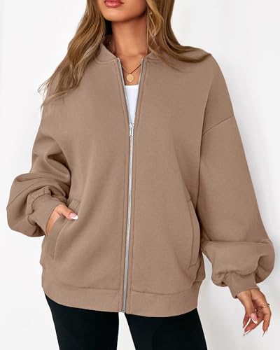 KIRUNDO Oversized Sweatshirt for Women Zip Up Bomber Jacket(Khaki, XL) - image 4