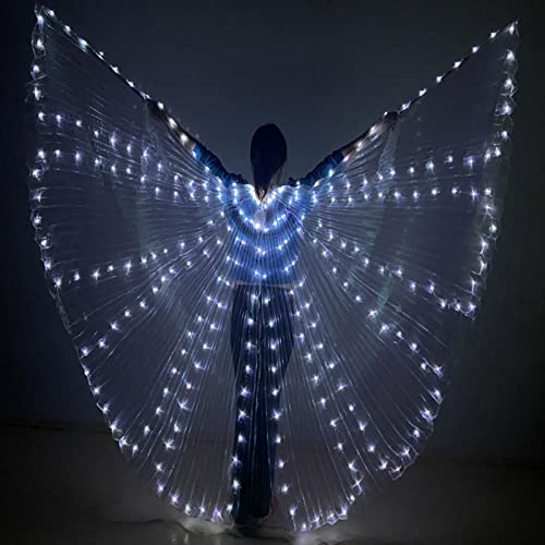 Ropa danza del vientre con alas LED para bailar el vientre, luces LED mariposa y alas Isis Halloween con palo telescópico, apoyo rendimiento 360 grados que brillan con alas baile ángel (Blanco)