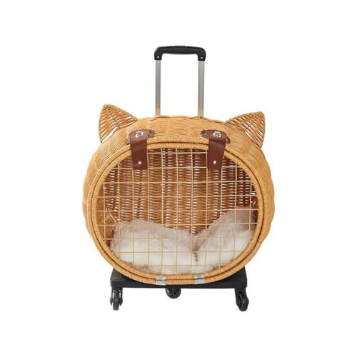 loyfreeyo 籐製ペットキャリー リュック キャスター付き 猫用 キャリー カート 小型犬 ケース 折り畳み 取り外し可能な車輪 ドライブ 旅行 通院 防災 避難用 通気性 散歩 (ナチュラル)