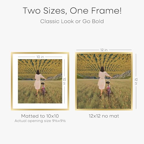 Image of Homeforia 12x12 Picture Frame Gold, High End Metal 12 x 12 Square Poster Frame with Mat 10 x 10 Photo, 12x12 Frame Matted to 10x10 Print, 12by12 Gold Hanging Frames, Tempered Glass, Wall Kit, Set of 4