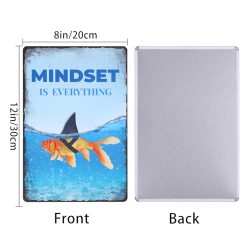 GLOBLELAND Goldfisch-Hai-Vintage-Metall-Blechschild Kunstplakette Poster Retro „Mindset Is Everything“ Metallwand-Dekorative Blechschilder 12x8inch Für Zuhause Küche Bar Café Club Sommer Dekoration