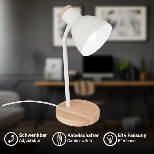 BRILONER - Nachttischlampe mit Kabelschalter, schwenkbar, E14, max. 10W, Tischlampe, Lampe, Schreibtischlampe, Tischleuchte, Bürolampe, Leselampe Bett, Leselicht, 14x38 cm, Weiß-Holz