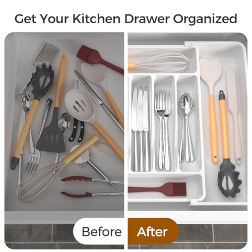 Extra Large Expandable Silverware Organizer, BPA-Free Food-Safe Cutlery Flatware Organizer, Kitchen Utensil Drawer Organizer, Adjustable Silverware Holder for Spoons Forks Knives, White
