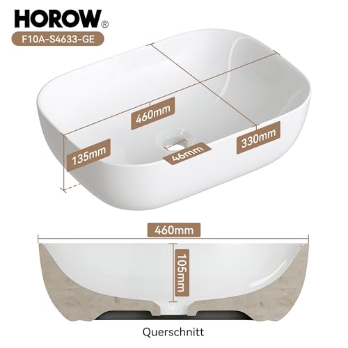 HOROW Waschbecken Oval Weiß | Aufsatzwaschbecken Klein, 46x33x13,5 cm, Kratzfest | Schnelles Abfließen, Handwaschbecken ohne Hahnloch und Überlauf, Mini Waschtisch für Badezimmer, Gäste-WC