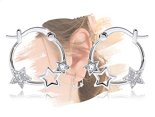 Star Hoop Earrings For Girls - Sterling Silver Stars Earrings For Women Hypoallergenic Cubic Zirconia Star Shaped Huggie Hoop Earrings for Teens Dainty Earrings Gifts for Christmas Birthday