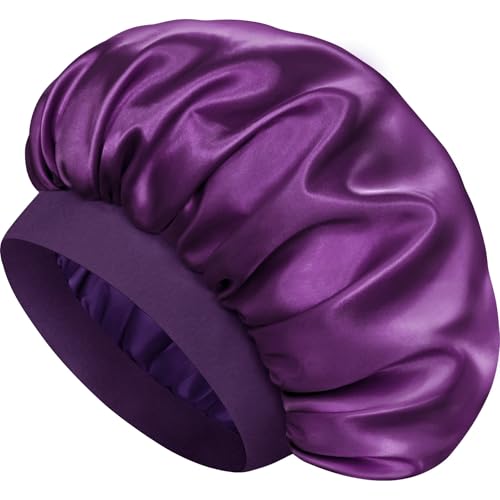 Doitory Satin Silk Bonnet for Sleeping, Double Layer Silk Sleep Cap for Men & Women, Soft Satin Lined Bonnet for Natural & Curly Hair(Deep Purple)