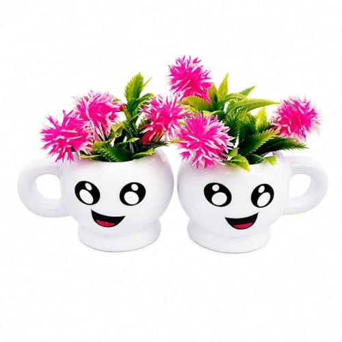Image of Cute Smiley Face Ceramic Planter Set of 2 with Artificial Flowers | Mini Decorative Flower Pots for Home Decor, Office Desk, Study Table & Gifting | Multipurpose Ceramic Planter Cups