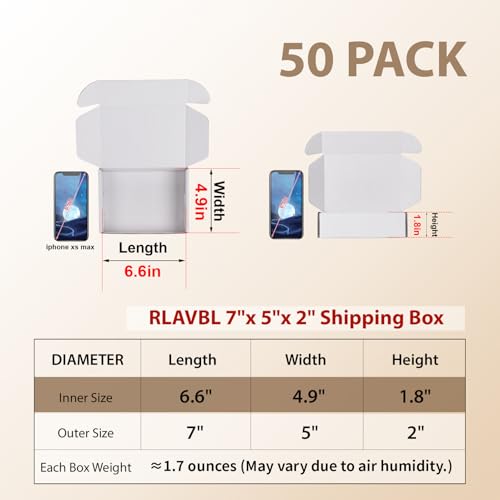 Image of RLAVBL 7x5x2 Shipping Boxes Set of 50, White Corrugated Cardboard Box for Packing, Mailing, Business