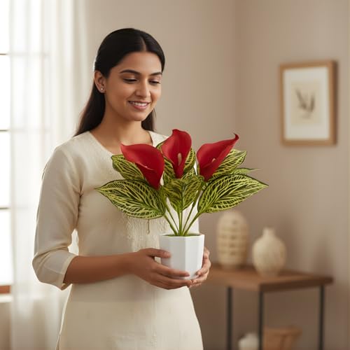 Image of fancymart Artificial Calla Lily Plant with Pot - 30 cm Height Decorative Flower Leaves (Pack of 1) | Realistic Faux Plant for Home & Office Decor | Table, Shelf & Desk Decoration