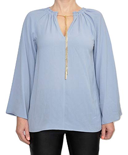 Michael Kors Crepe Tie-Neck Chain Blouse Wide Sleeve Top, Chambray Blue (Small) #TOP14