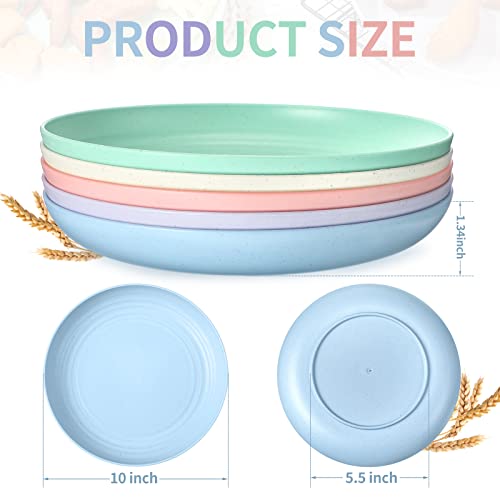 15 Pcs 10 Inch Wheat Straw Plates Lightweight Unbreakable Deep Dinner Plates Reusable Plastic Plates Microwave Safe Dinnerware For Kids Children Toddler Adult, 5 Colors #TOP1
