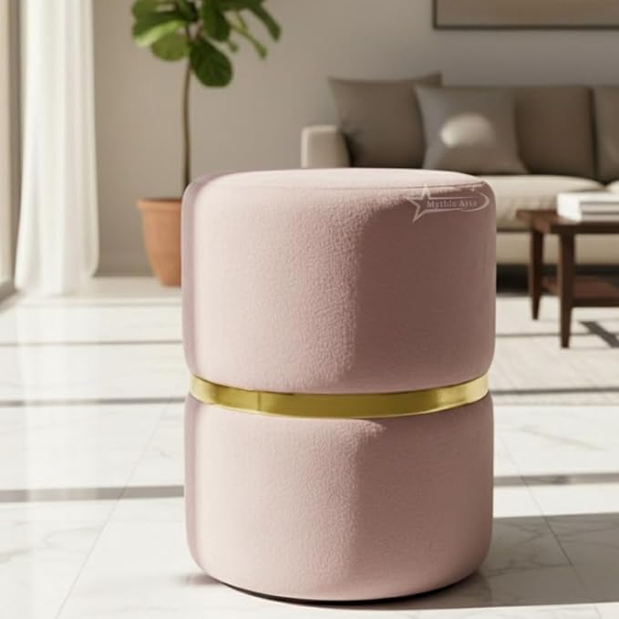 Image of Round Single Strip Upholstered Stool Living Room Foot Rest Linen Fabric Padded Seat Pouf Ottoman Office Stool Pink
