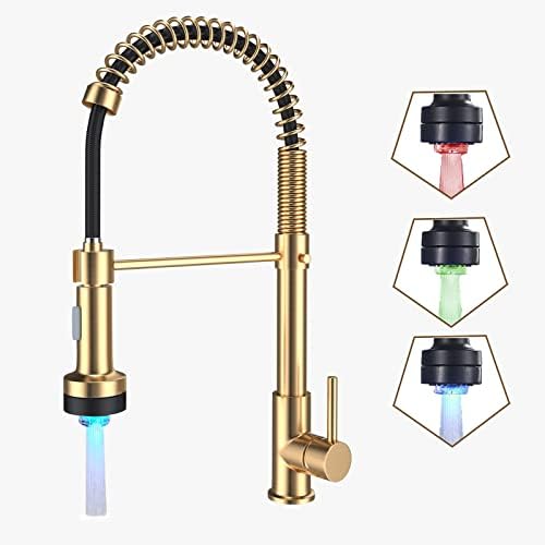 3 Hole Kitchen Faucet Brushed Gold Kitchen Faucet LED Commercial Single Handle Kitchen Gold Faucet Spring Kitchen Faucet Farmhouse Gold Kitchen Faucet