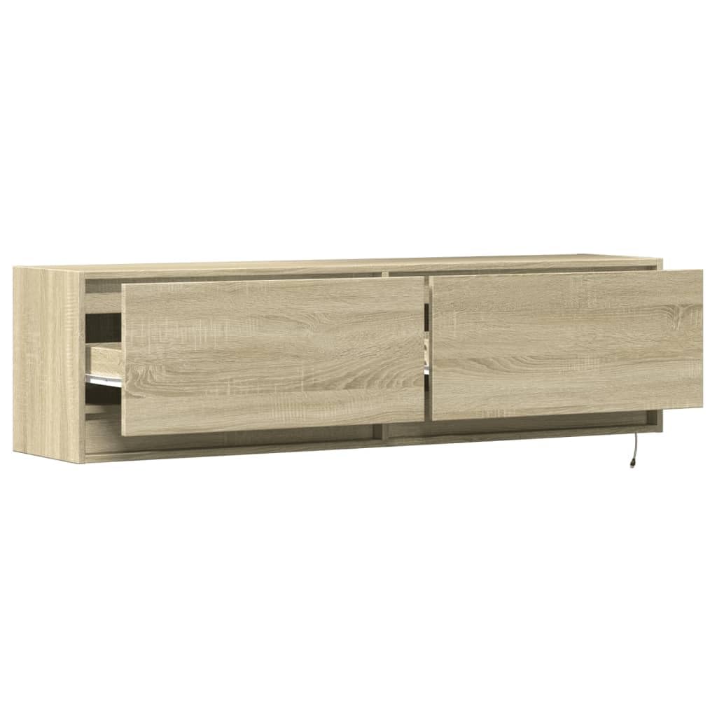 Mueble de TV de pared con iluminación LED RGB, roble de sonoma, 140 x 31 x 38 cm, mueble de TV colgante con 2 cajones, mueble de pared con luz de fondo ajustable, moderno debajo de la TV