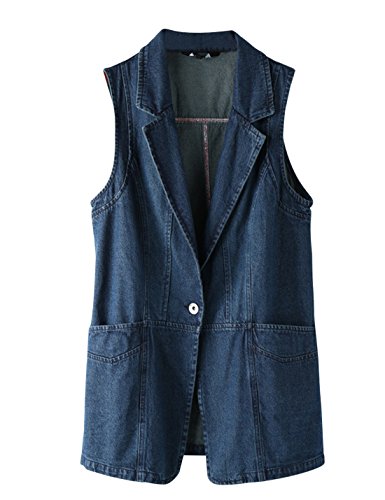 Springrain Women's Notch Lapel Sleeveless Outerwear Mid Long Denim Vests (Blue, Large)