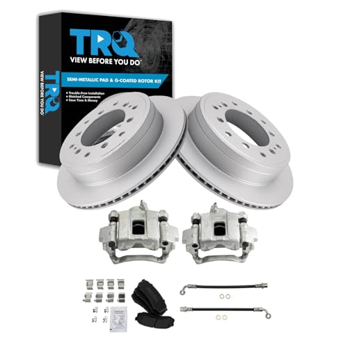 Image of TRQ Rear Brake Pad and Rotor Set Semi Metallic Coated Rotors Calipers Compatible with 2010-2021 Lexus GX460 2010-2020 Toyota 4Runner