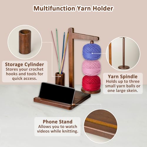 Image of Wooden Yarn Holder with Phone Stand and Crochet Hook Storage - Magnetic Yarn Spool for Knitting and Crocheting, Ideal Choice for Craft Lovers