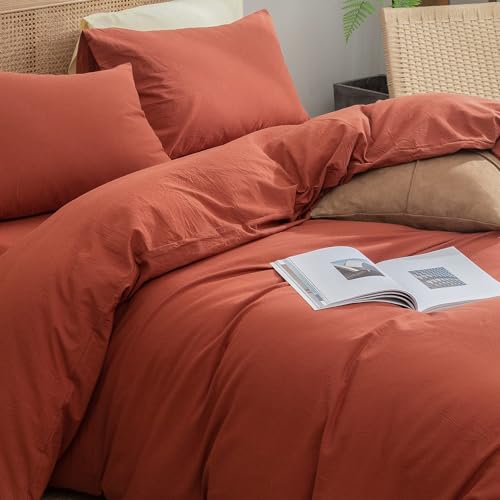 Image of BESTOUCH Cotton Solid Duvet Cover Set Burnt Brick Red Oversized Full | 100% Washed Cotton, Soft Wrinkle Texture, Hidden Zipper, 8 Ties, Breathable Lightweight Durable Comfy, 3 Pcs No Insert