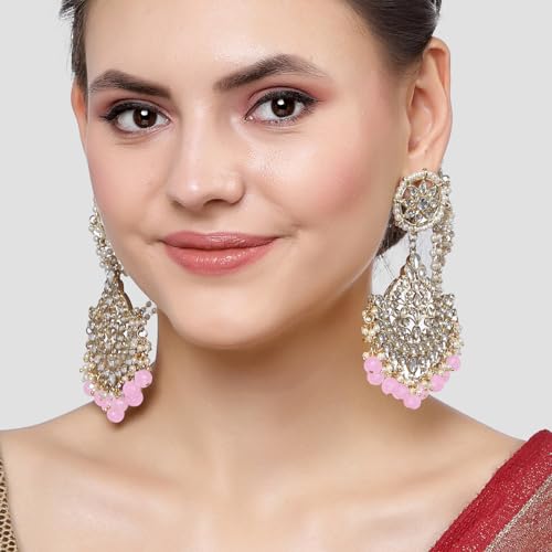 Image of Karatcart Gold Plated Pearl Beaded Kundan Kaanchain Earrings for Women