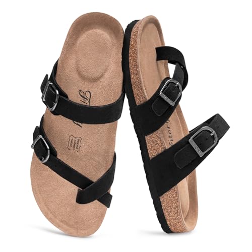 FITORY Women's Slide Sandals with Soft Cork Footbed, Comfort Arch Support Flat Sandals for Summer Suede Black Size 6.5