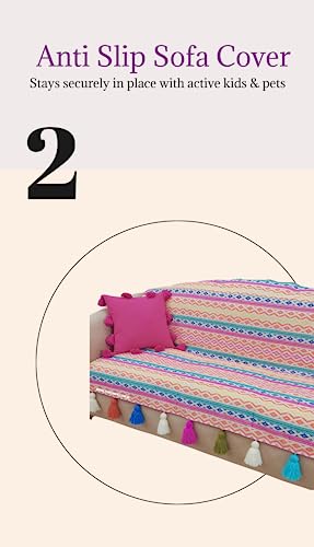 Image of WWW.THROWPILLOW.IN Rainbow Aztech Tassel Sofa Cover:Stylish Couch Slipcover Corner Sofa Cover,Desginer Premium Sofa Covers: Fits 2+2 Seater+Corner Sofa -Set of 5 Covers- 3 Seat & 2 Back Cover