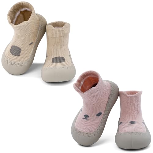 LACOFIA 2 Pares Zapatos Primeros Pasos Calzado Bebé Niñas Zapatillas Calcetines Antideslizantes Bebé con Suela de Goma Caqui+Rosa 12-18 Meses