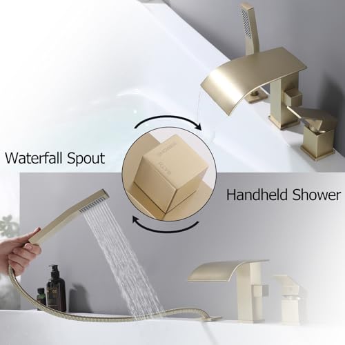 Grifería para bañera romana con ducha de mano, montaje en cubierta, acabado en oro cepillado | Desagüe de 3 orificios con efecto cascada miniatura 3