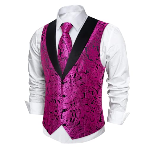 Image of DiBanGu Mens Paisley Suit Vest Silk Jacquard Waistcoat and Necktie Set Formal Shawl Collar Dress Vest 7PCS for Wedding Party