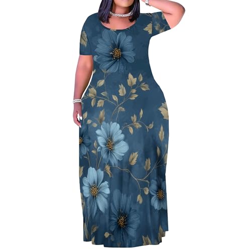 Image of PinkPatty Women's Plus Size Maxi Dresses Short Sleeve Sundress Summer T-Shirt Beach Long Dress with Pockets