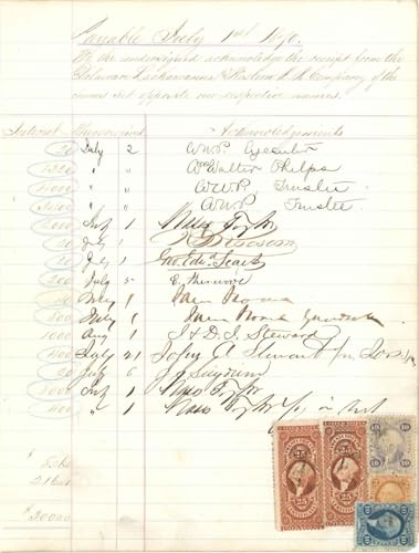 Delaware, Lackawanna and Western R.R. Co. Stock interest sheet signed by Sam Sloan and Moses Taylor - 1870 dated Autographs