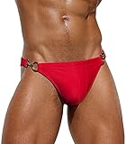 Mens Red Bikini Swimwear Trendy Summer Swim Briefs Sexy Swimsuit Thong Briefs Metal Ring Jockstrap Athletic Swim Underwear