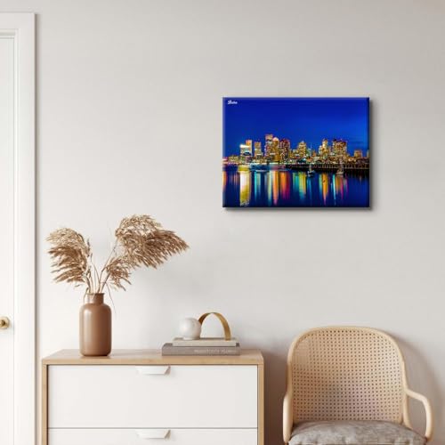 Image of Boston Wall Art Colorful City Night View Picture Photo Prints Study Office Wall Decor USA Cityscape Buildings Canvas Painting Nature Skyscraper Poster Artwork for Living Room Home Decorations 12x16 inch