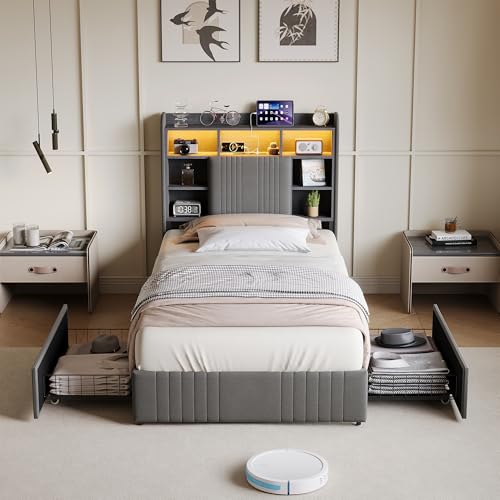 Quiaviank Cama tapizada de 90 x 200 cm con 2 cajones, marco de cama individual con iluminación LED y espacio de almacenamiento, cabecero de cama con base de carga, sin colchón