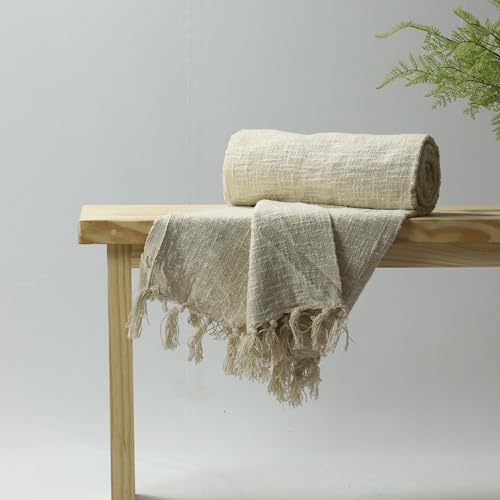 Image of Handwoven 100% Pure Cotton Throw Blanket - 50x60 Inch Soft Sofa Throw for Couch, Bed & Living Room - Lightweight Natural Off White Farmhouse Blanket - Boho Decor, Blanket for Travling (Cream)