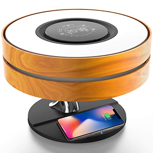 Bedside Dimmable Lamp, Focondot Touch Lamp Built-in Bluetooth Speaker and Fast Wireless Charger, Multi-Function Maple Nightstand Lamp with Sleep Mode and Digital Clock for Bedroom,Living Room