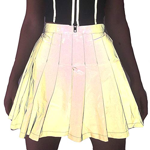 GEMSeven Frauen Mini Reflektierende Rock Zurück Zipper Night Glowing Shiny Skater Röcke Cover