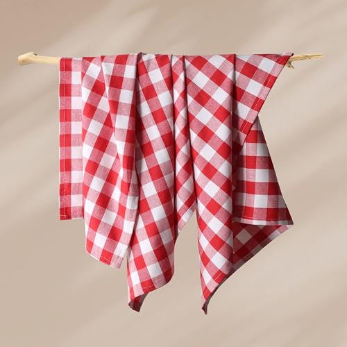 Image of Gingham Check Dish Towels 12 Pack, 18 inchx26 inch, Absorbent Hand Towels for Kitchen Use, Quick Dry Cloths, 100% Cotton, Durable Washable Rags, Reusable Dishcloth Set - Red, White