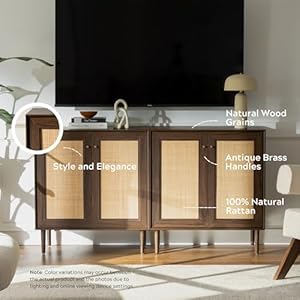 Accent Storage Cabinet Sideboard with Rattan Doors Boho Buffet Kitchen Bar Cabinet Farmhouse Credenza Cabinet with Adjustable Shelves for Dining Room Square DoorsWalnut