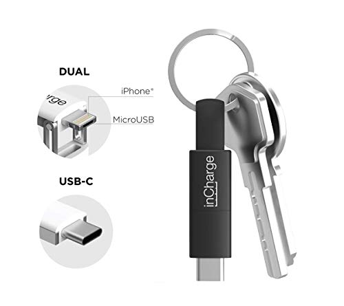 inCharge Nuevo All in One (3 en 1) Llavero Cable de Carga, Transferencia Datos Compatible con Apple iPhone, iPad, Airpods | Compatible con Todos Micro USB Android y Todos USB Tipo C (TPE, Black)