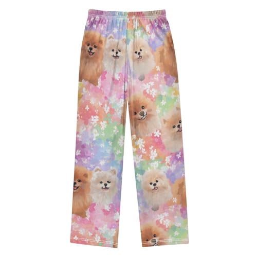 Spring Floral Pomeranian Boys Long Pants Soft Trousers Elastic Waist Kids Lounge Bottoms with Pockets S-XL2