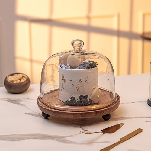 Image of Parstry Pod Acacia Wood cake Stand with Glass Dome | Wooden Cake Plate | Dessert Cupcake Pastry Display Stand | Round Cake Holder Serving Stand