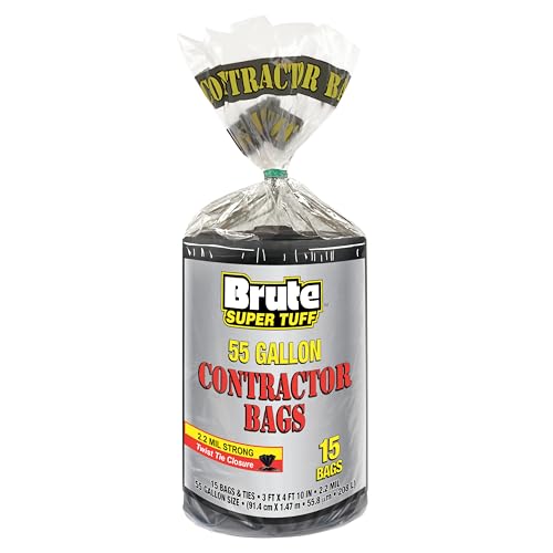 Brute Super Tuff Heavy Duty Contractor Bags, Extra Large Trash Bags, Twist Tie Closure, Black, 55 Gallon, 15 Count