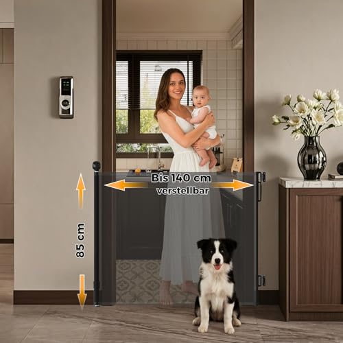 Allyson® Treppenschutzgitter Ausziehbar, Türschutzgitter bis 140 cm Treppengitter für Kinder & Haustiere, Kinderschutzgitter 85 cm Höhe, Haustierschutzgitter Einziehbar, Verstellbar & Stabil – Schwarz