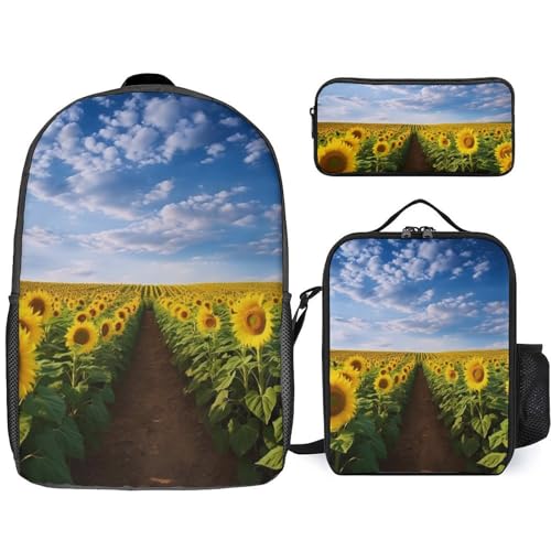 3 Piece Backpack for Women Men Lightweight Causal Daypack Shoulder Bag Set with Insulated Lunch Bag And Pencil Case Organizers Field of Blooming Sunflowers