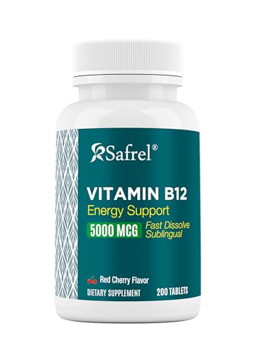 Safrel Vitamin B12 Sublingual Tablets, 5000 MCG, Red Cherry Flavor, Energy Support, 200 Count