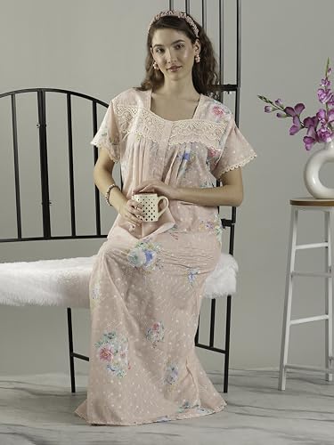 Image of 9shines Label Stylish Chikankari Cotton Nighty Maxi for Women | Full Length Nightgown | Nightdress with Pocket | Embroidery Nighty | Soft Comfortable Cotton Nightwear (1545)